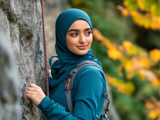 Young Woman in Teal Hijab Rock Climbing Outdoors in Autumn