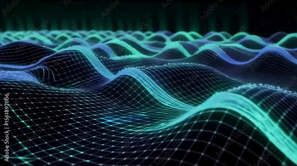 Poster digital waves flow in a vibrant blue and green color scheme and dynamic grid
