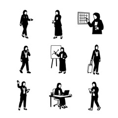 Silhouette Vector Set of Muslim Businesswoman. Minimalist Silhouette Vector of Hijabi Women in Professional Workplace.Hijabi Businesswoman Silhouette Illustration. Hand-drawn Vector of Hijabi Business