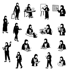 Silhouette Vector Set of Muslim Businesswoman. Minimalist Silhouette Vector of Hijabi Women in Professional Workplace.Hijabi Businesswoman Silhouette Illustration. Hand-drawn Vector of Hijabi Business