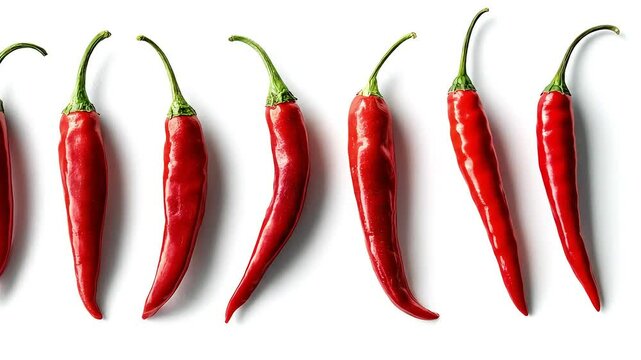 Seven red chili peppers are arranged in a row against a white background.