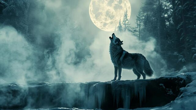 A solitary wolf howls toward a glowing full moon in a snowy forest, evoking themes of wilderness, isolation, and mystery.