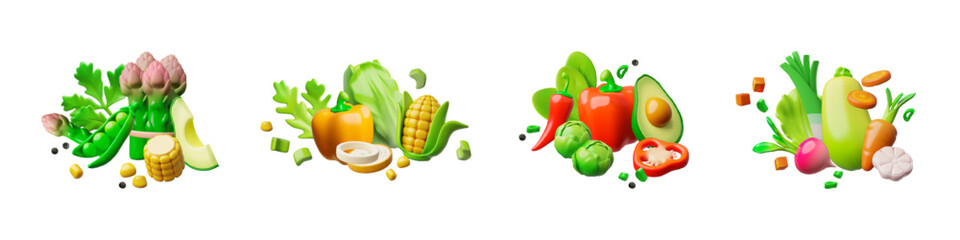 3D set of grouped fresh vegetables, zucchini, carrots, peppers, avocado, corn, greens.