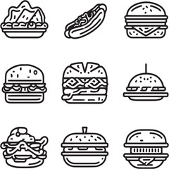 Philly cheesesteak Black Line Editable Icons set