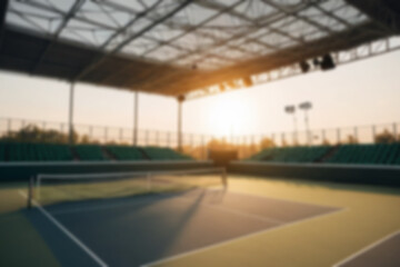 Blurry photo of tennis court with magnificent stadium, there are empty spectator seats, modern theme, sports.