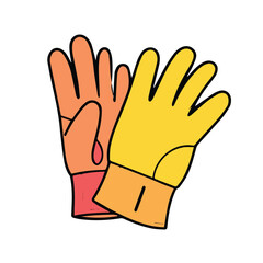 Pair of colorful work gloves, orange and yellow, overlayed. A close-up illustration of protective gloves, positioned for display.