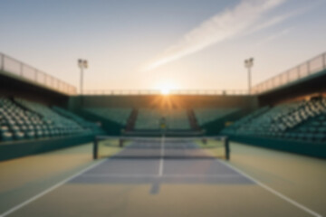 Blurry photo of tennis court with magnificent stadium, there are empty spectator seats, modern theme, sports.