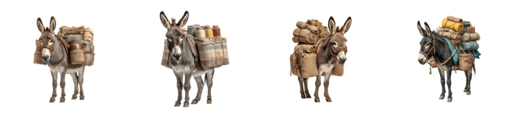Fototapeta premium Pack mules transporting goods rural area animal outdoor side manual labor cut out set png