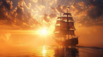 Fototapeta premium A grand ship leaves the harbor as the sun rises, its sails billowing in the morning breeze.