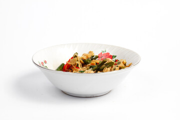 Spicy mushroom stir-fry with tofu and water spinach served in a plate