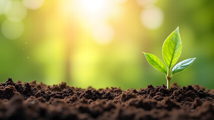Gardening background. Spring cultivated soil under spring sun with empty space for product design
