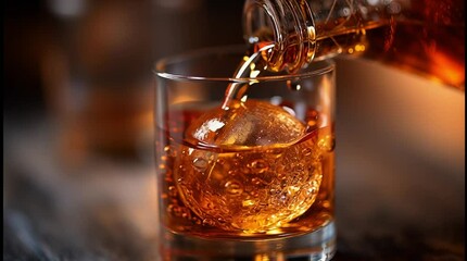 Brown glass bottle pouring alcohol into a crystal glass with ice, highlighting golden liquid and detail - Powered by Adobe