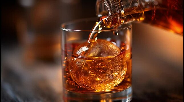 Brown glass bottle pouring alcohol into a crystal glass with ice, highlighting golden liquid and detail