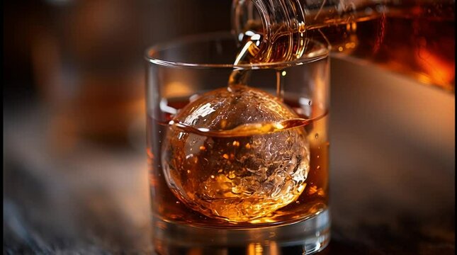 Brown glass bottle pouring alcohol into a crystal glass with ice, highlighting golden liquid and detail