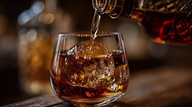 Brown glass bottle pouring alcohol into a crystal glass with ice, highlighting golden liquid and detail