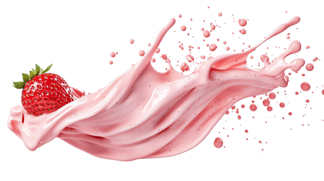transparent png, A vibrant splash of creamy pink yogurt or dessert with a fresh strawberry, showcasing deliciousness and playful energy.