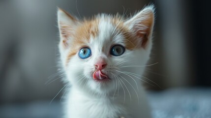 Fototapeta premium A hungry white-and-red kitten stares intently with big blue eyes. It licks its lips, ready to eat. The photo leaves space for text.