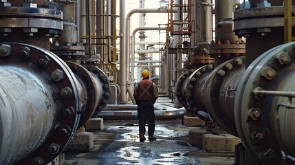 A man inspects large steel pipes at an oil refinery to make sure they are working properly.