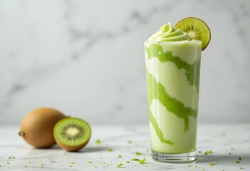Kiwi and lime milkshake with green swirl, fruit slice garnish, clean minimal setting.