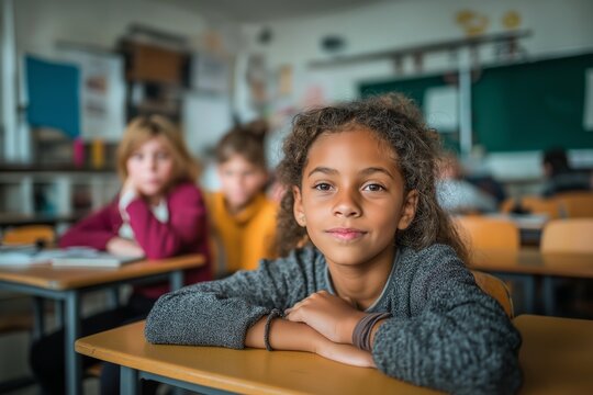 Portrait of confident mixed race schoolgirl sitting at desk in classroom