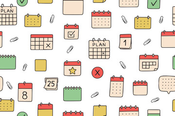Trendy colorful Seamless pattern of calendar planner icons. Colored Reminder event signs on white background. Vector. 
