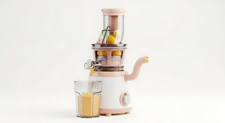 Pink and white juicer with fresh fruit and juice.