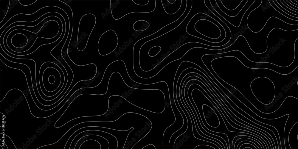 Poster abstract white on black background with topographic line map pattern. abstract wavy and curved lines