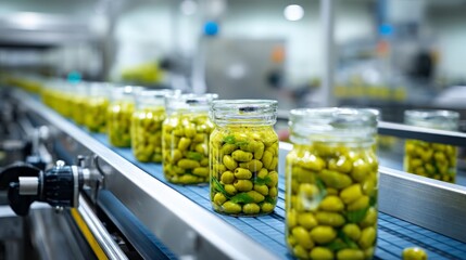 glass jars of green olives on conveyor belt, gourmet food packaging and mediterranean ingredient 
