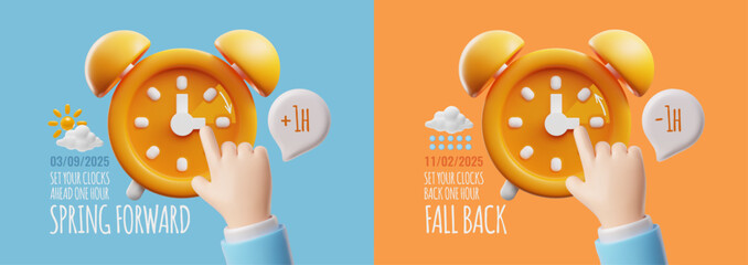 3D set of posters for changing clocks to summer and winter time.