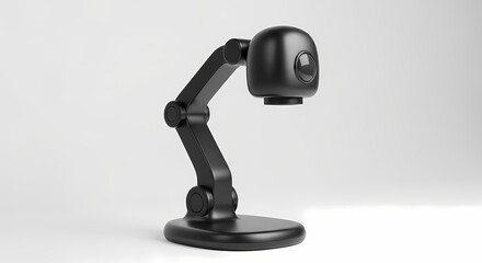A black webcam with an adjustable arm on a white background, angled slightly to the left.