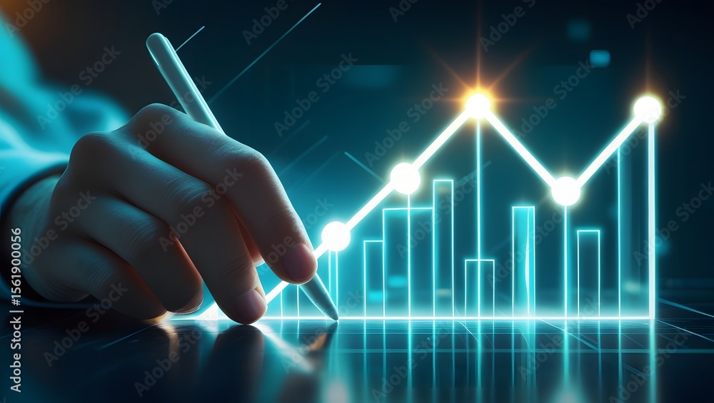 Poster hand using stylus to draw glowing financial graph with rising trend and bar chart