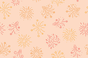 Seamless pattern of colorful bright fireworks in doodle style.Exploding holiday fireworks, for holiday banner, poster, flyer, greeting card.. Vector. Vector 