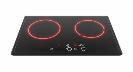 Fototapeta premium Modern black glass electric stovetop with glowing red heating elements.