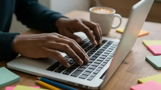 Person typing on laptop with coffee and notes nearby