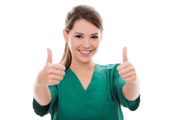 Smiling healthcare worker giving thumbs up isolated on white background