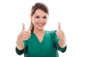Smiling healthcare worker giving thumbs up isolated on white background