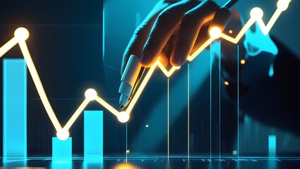 Hand drawing a glowing financial growth chart with data visualization elements