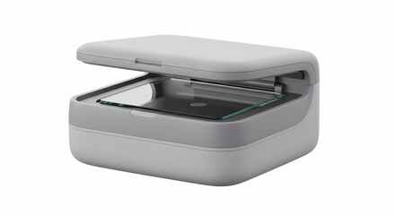 A gray scanner with its lid partially open, revealing a glass surface inside, against a white background.