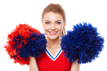 Cheerleader holding pom poms and smiling cheerfully isolated on white background
