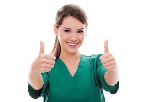 Smiling healthcare worker giving thumbs up isolated on white background