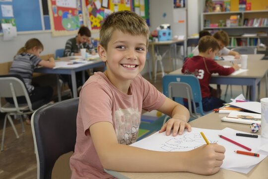 young student sits at the table, writes and laughs
