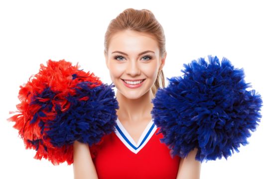Cheerleader holding pom poms and smiling cheerfully isolated on white background