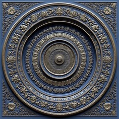 Obraz premium Ornate, decorative, circular ceiling medallion. Intricate, detailed, gold accents on a dark blue background