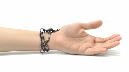 A person's hand is in handcuffs. The hand is making a gesture against a white background.