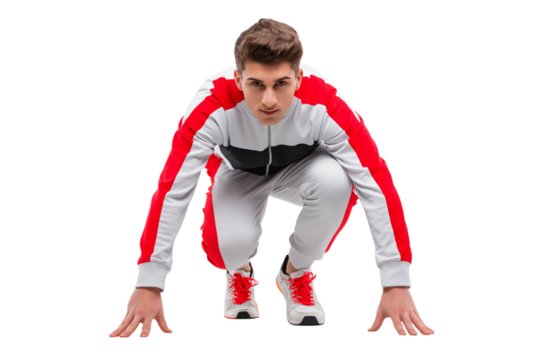 Determined runner in starting position isolated on white background