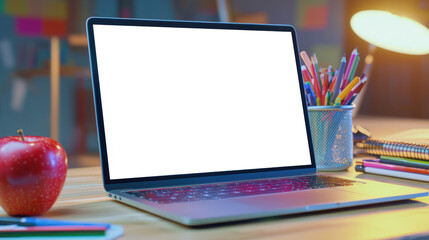 Laptop mockup for studying. The back to school concept. On the desk is an open laptop with a white blank screen, a red apple, notebooks and pencils. Education and study