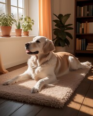 Pet Morning Routine Aesthetic golden retriever indoor morning, cozy dog sunlight room, fluffy rug pet relaxing