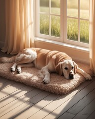 Pet Morning Routine Aesthetic golden retriever morning sun, cozy pet resting window, peaceful dog indoor lifestyle