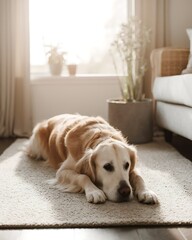 Pet Morning Routine Aesthetic golden retriever indoor rest, peaceful morning pet lifestyle, cozy home dog routine