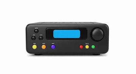 Sleek black audio amplifier with colorful buttons and a digital display.